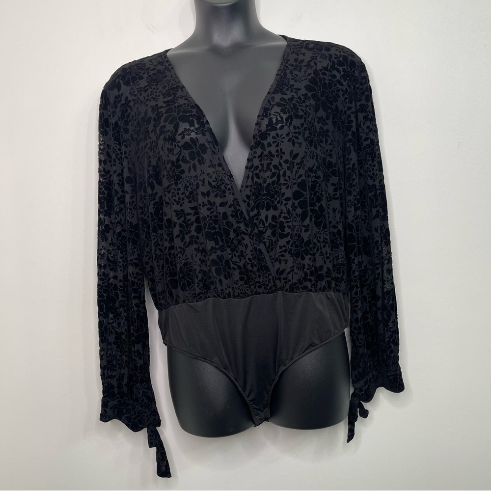 Black Velvet Floral Burnout Long-Sleeve Bodysuit by OHS Clothing in Size 3X